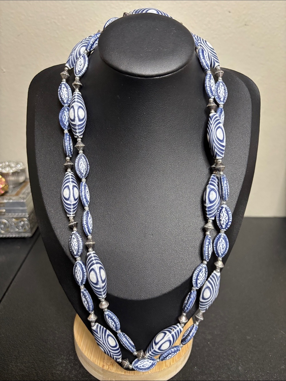 Blue & White Resin Patterned Boho Bead Long Necklace - Women's Jewelry